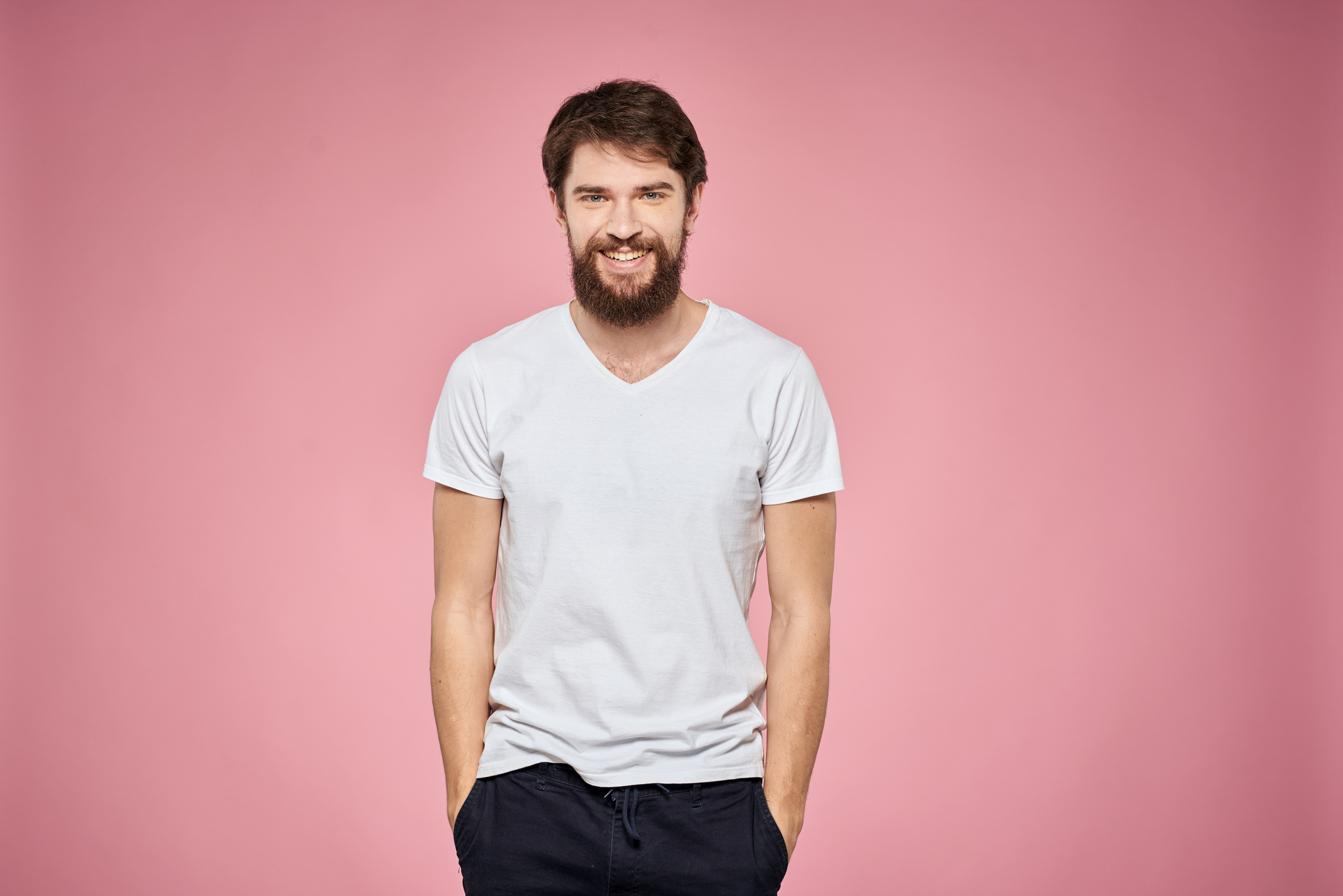 Cute Bearded Men White T-Shirt Studio Pink Isolated Background